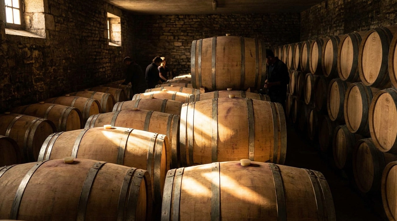 White oak wine barrels in a cellar