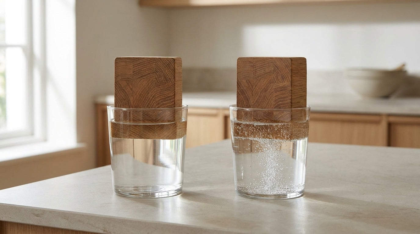 Two oak end-grain blocks in glasses of water, one bubbling