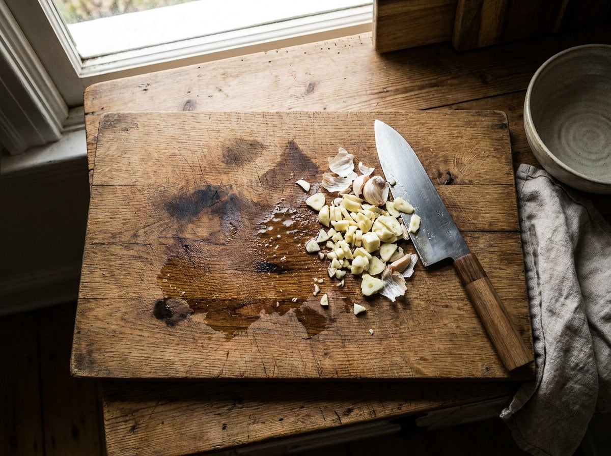Liquid soaked into an open-grain cutting board