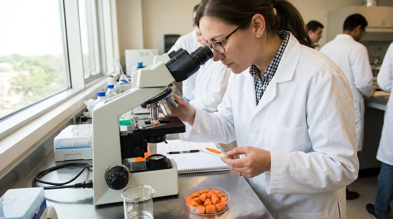A food scientist examining chopped carrot under a microscope