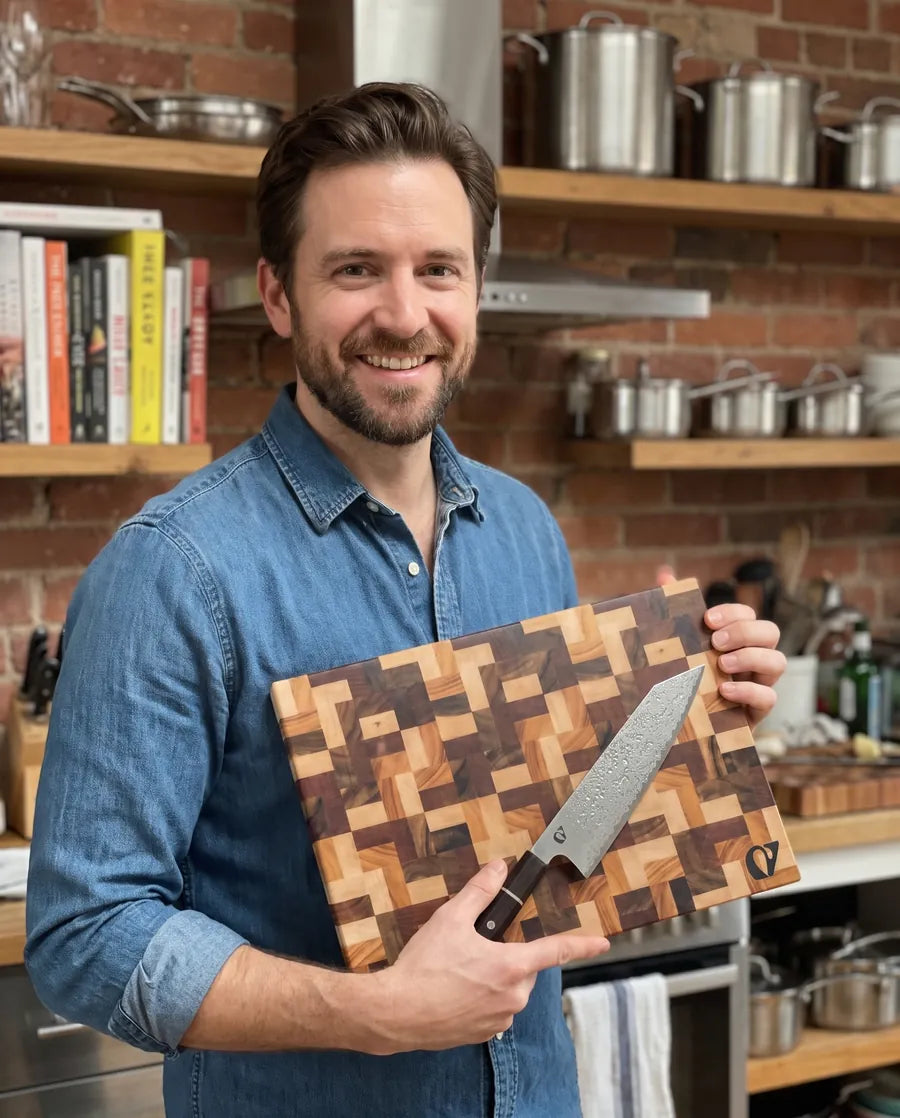Home cook holding the Notorious chopping board and chef's knife