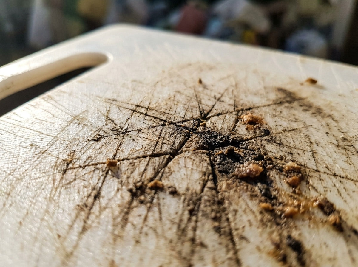 Grime trapped in knife grooves of a plastic cutting board