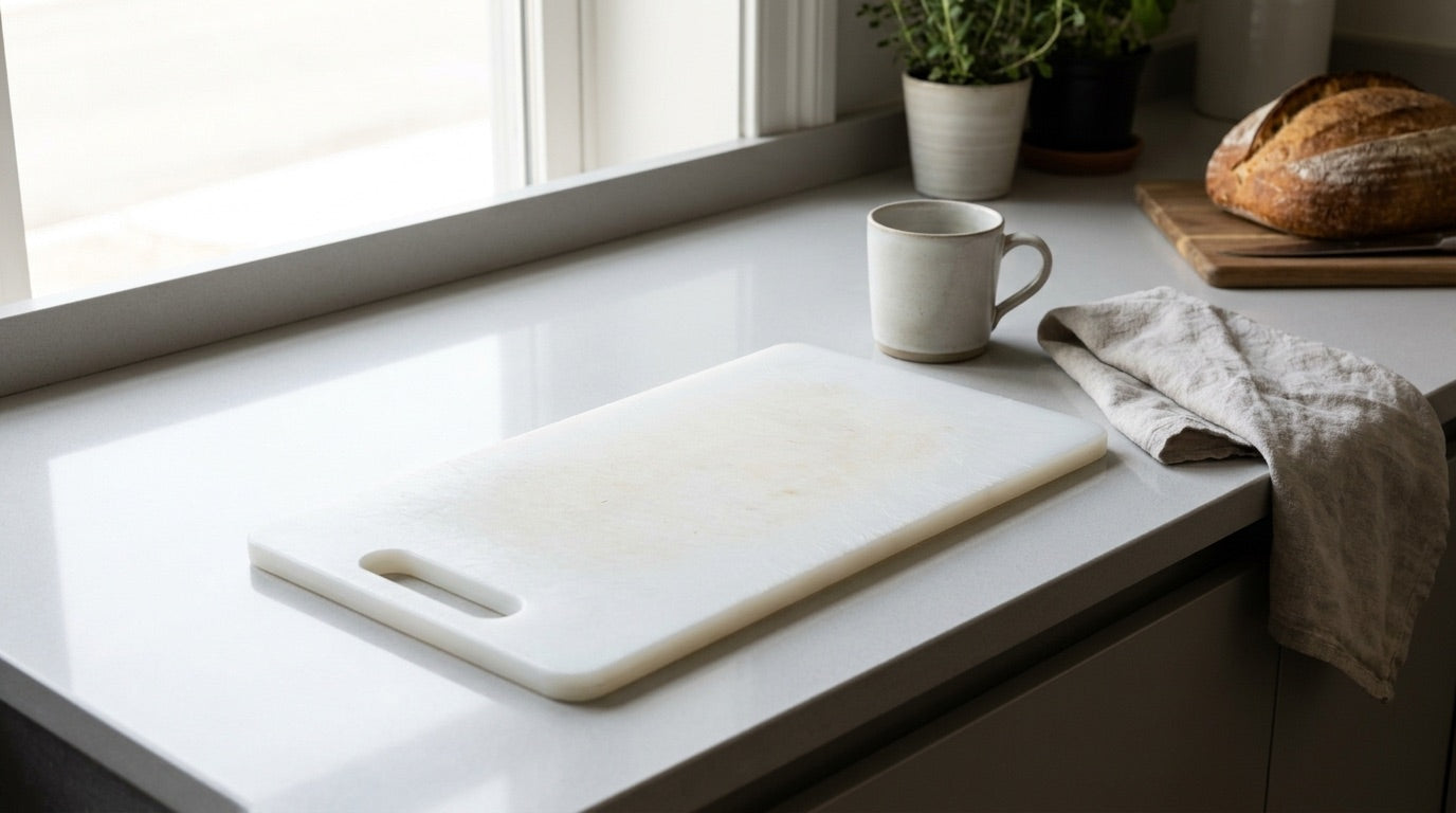 An ordinary plastic cutting board on a kitchen counter