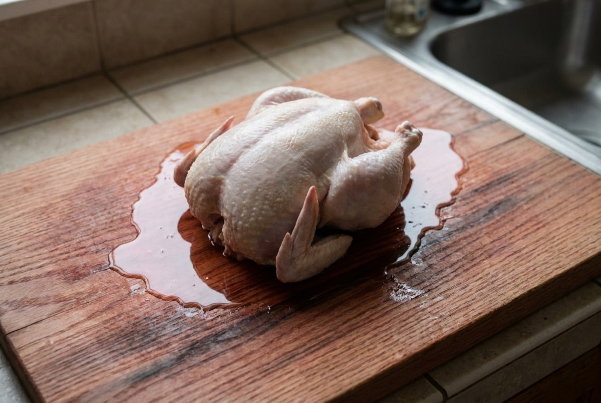 Raw chicken juice soaking into an open-grain red oak board