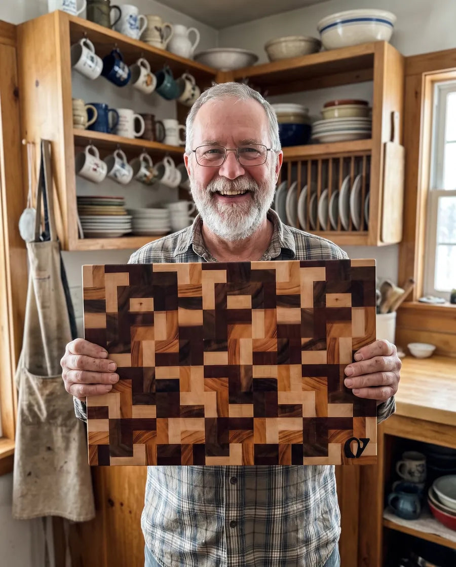 Home cook holding a Notorious end-grain chopping board in a wood kitchen