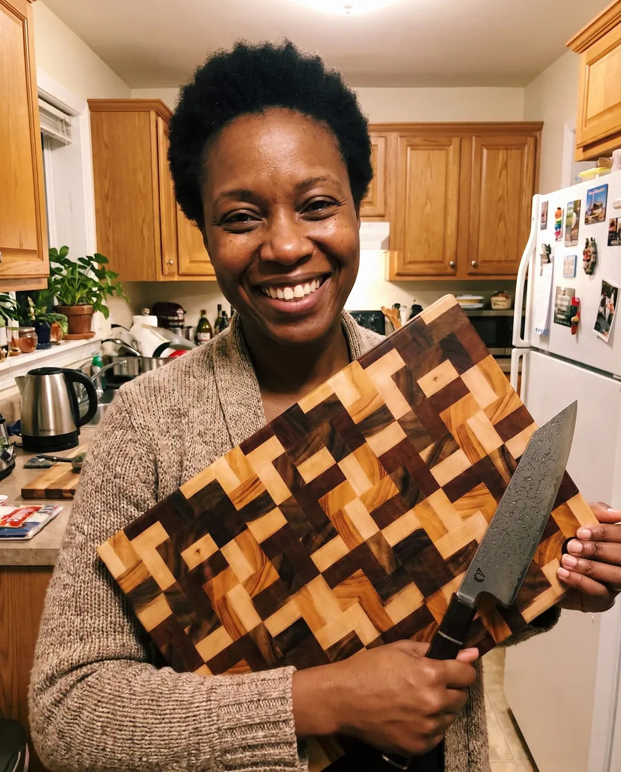 Home cook holding the Notorious chopping board and chef's knife