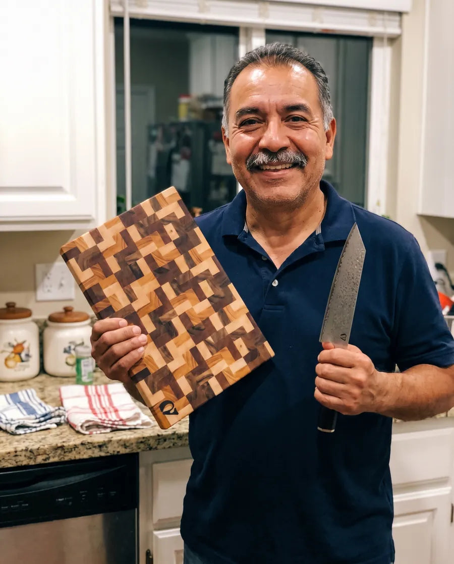 Home cook holding a Notorious chopping board and chef's knife