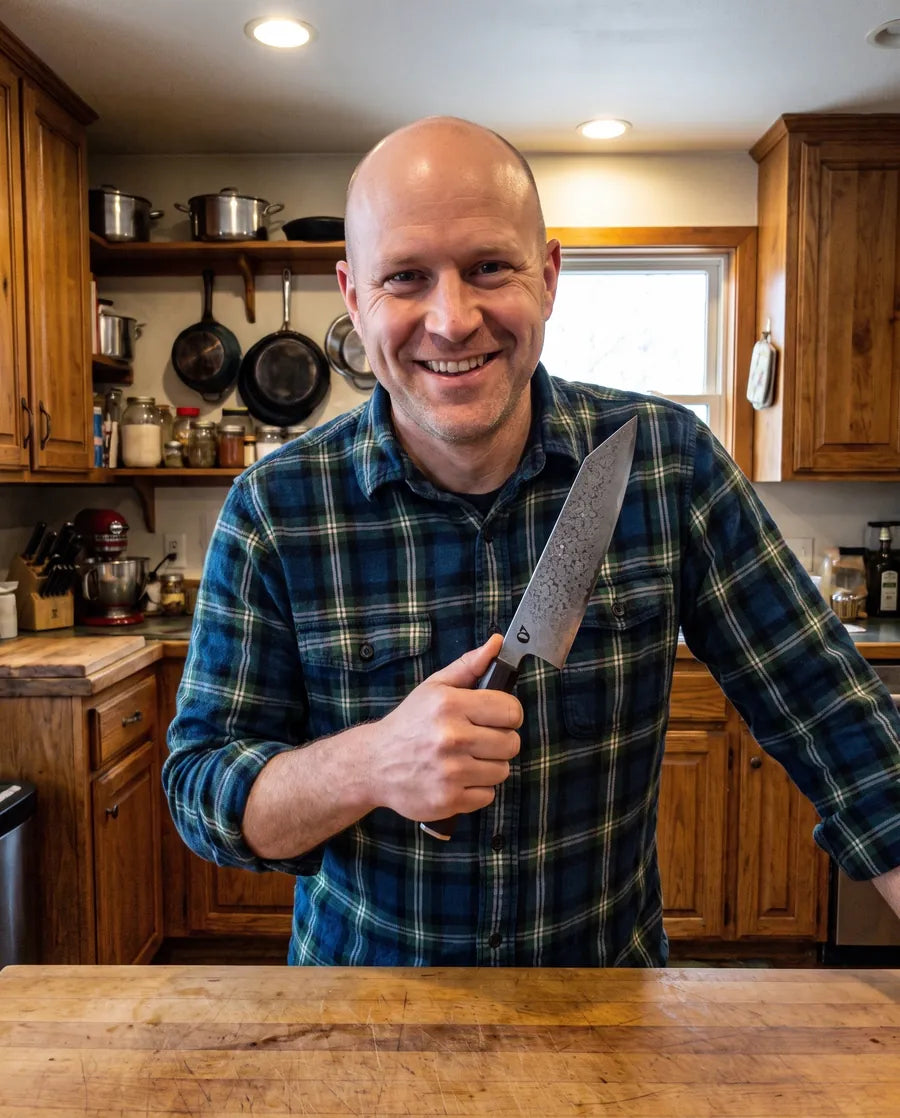 Home cook holding the Notorious Damascus chef's knife in his kitchen