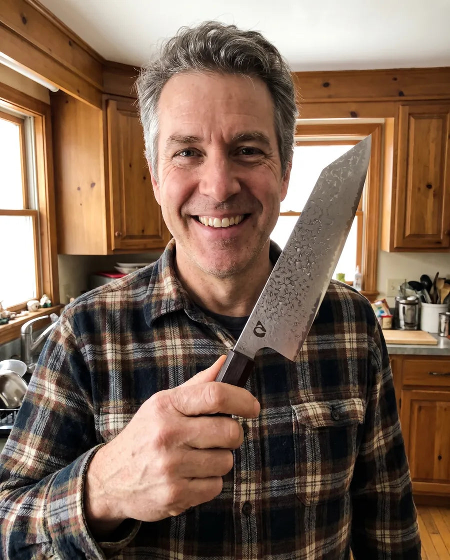 Home cook holding the Notorious Damascus chef's knife close to camera
