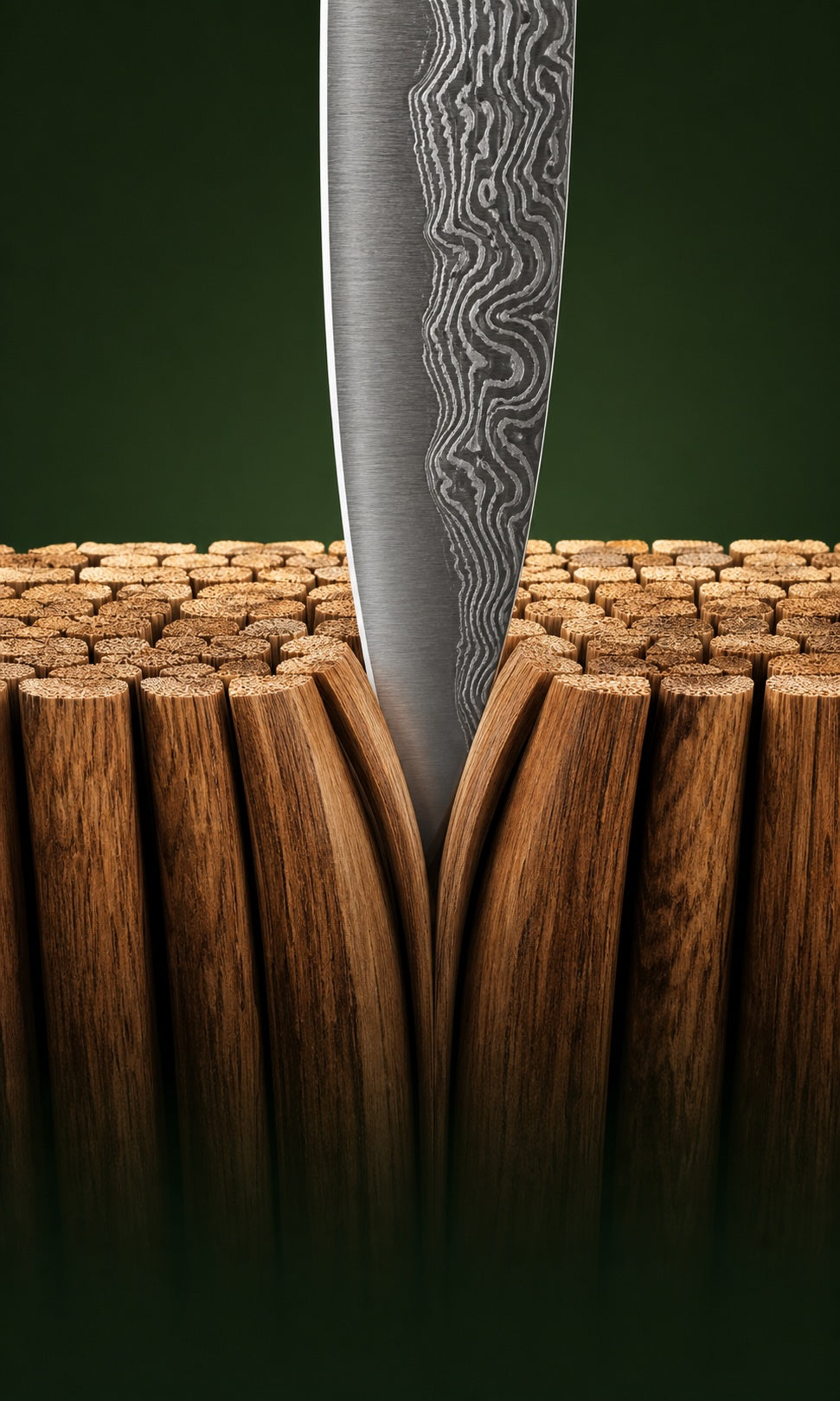 Macro cutaway of a Damascus knife edge moving between upright end-grain wood fibers