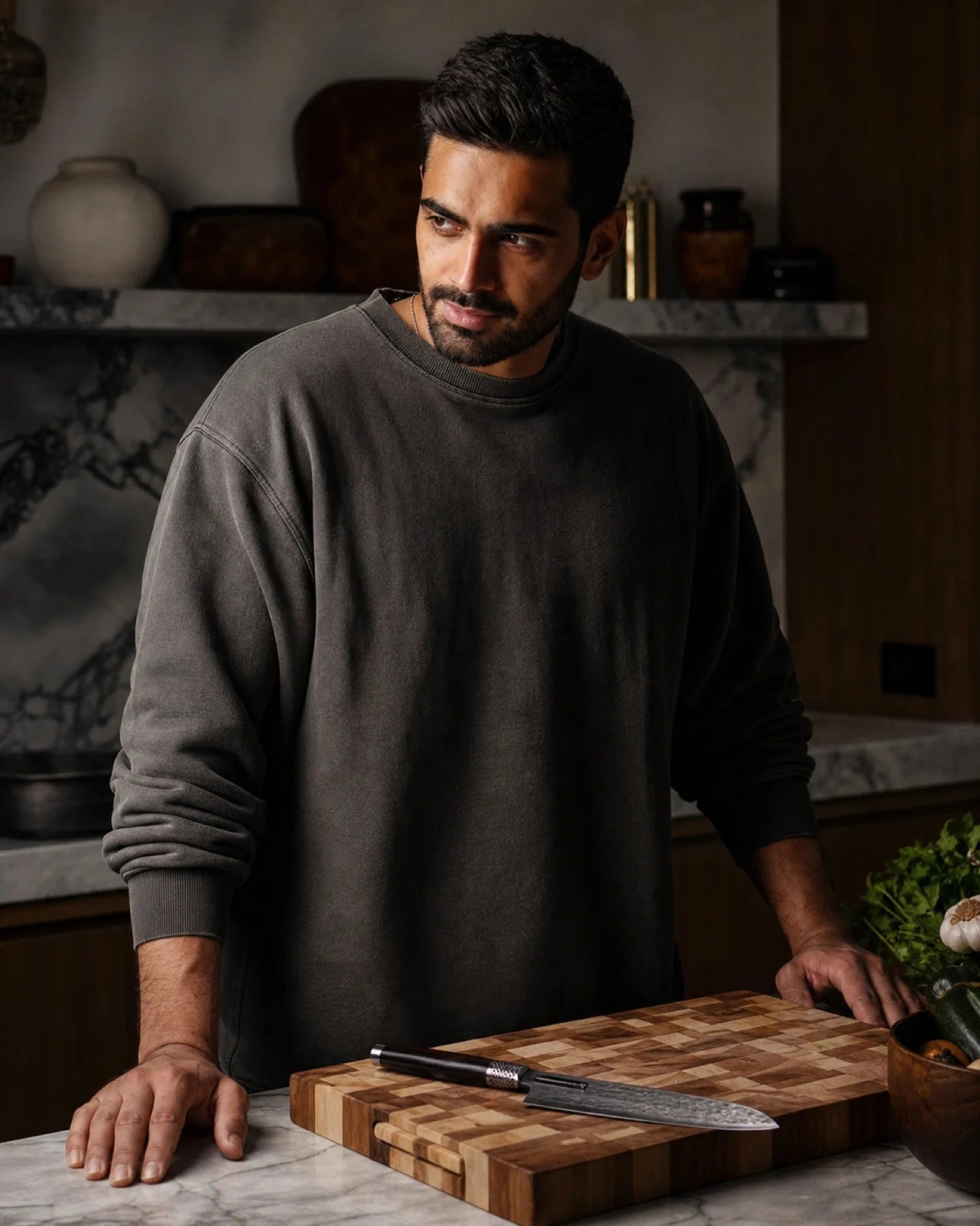 The Notorious founder standing beside his board and chef's knife