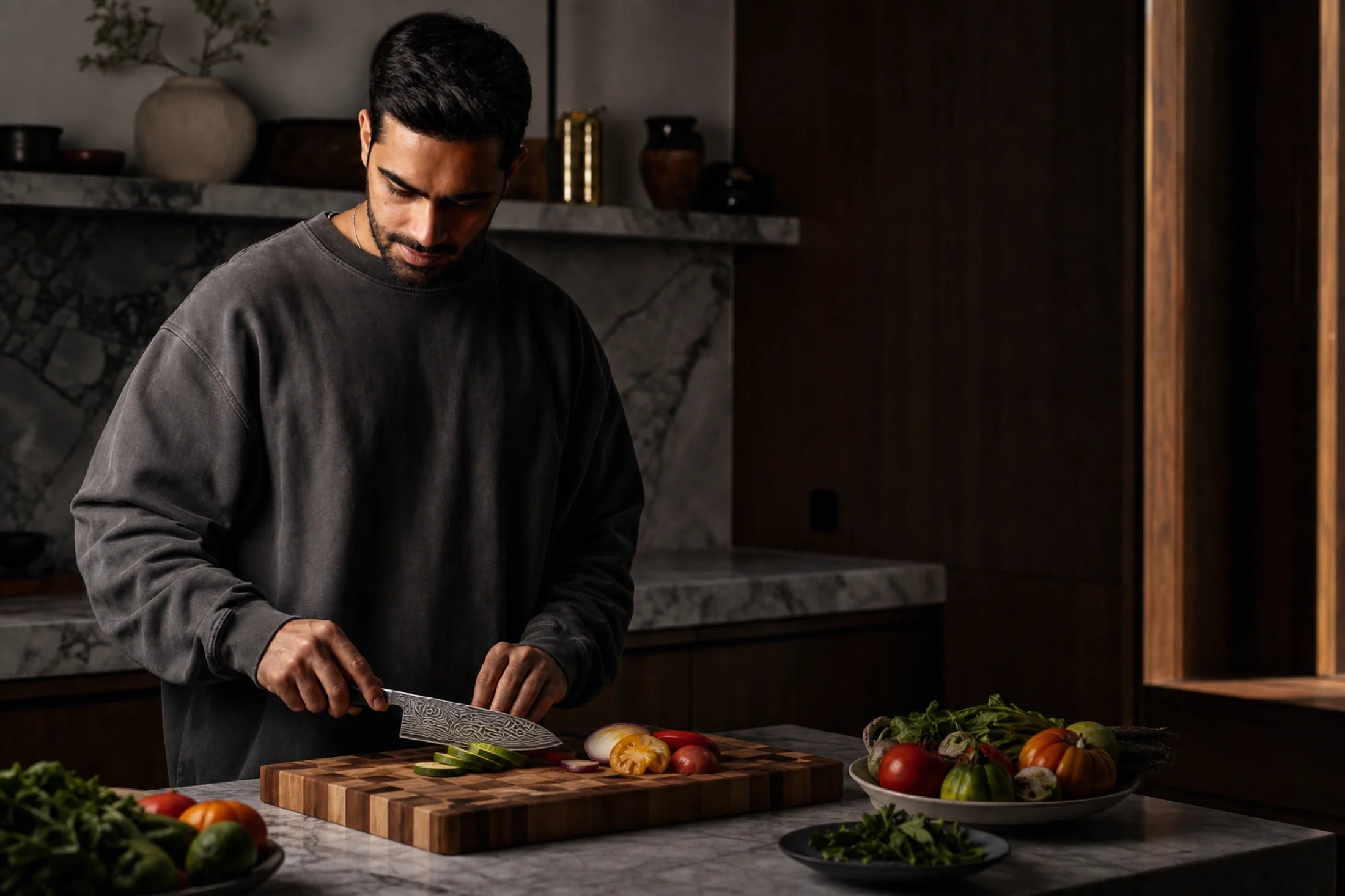 The Notorious founder chopping vegetables in his kitchen