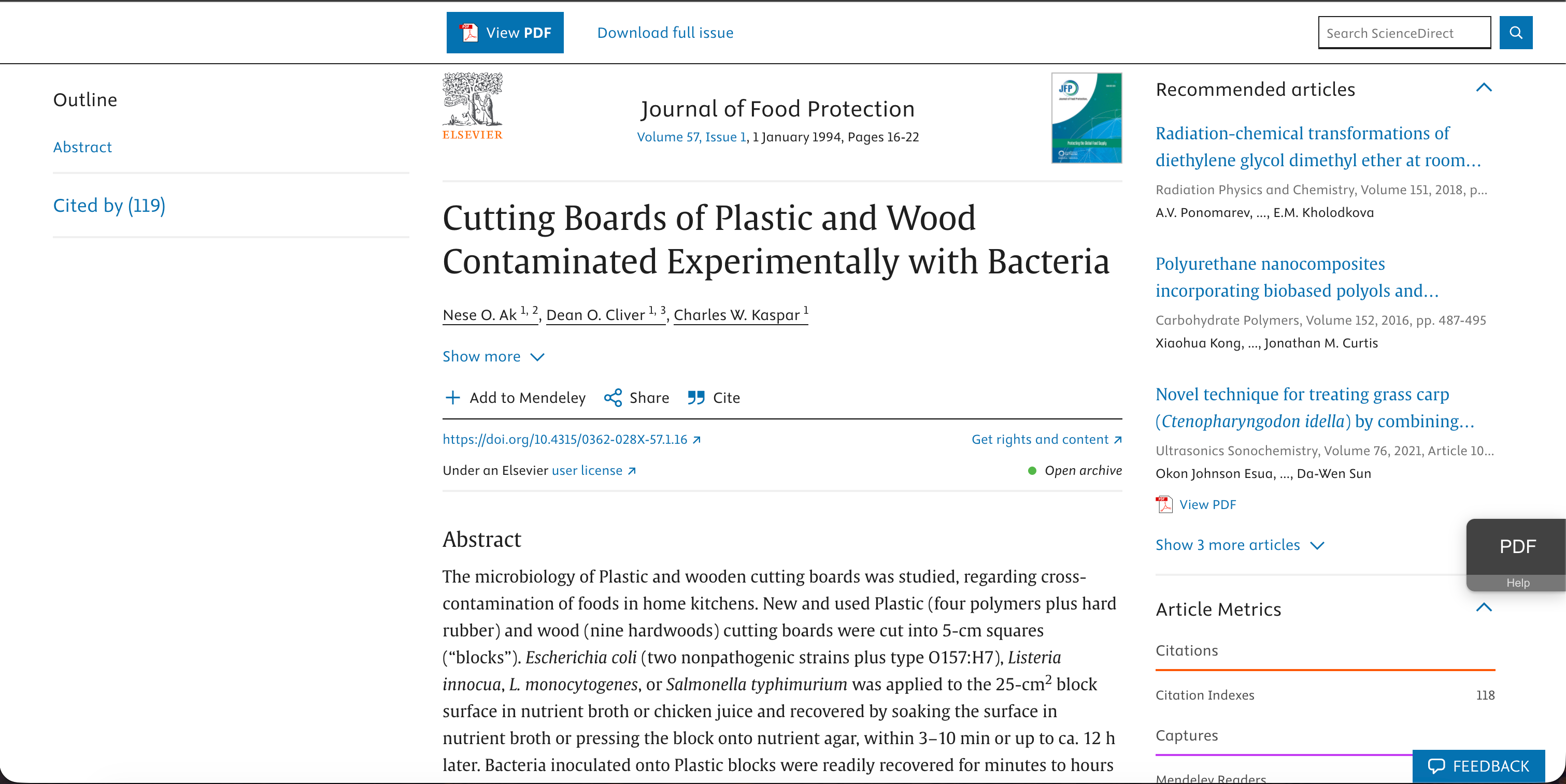 Journal of Food Protection study page comparing plastic and wood cutting boards