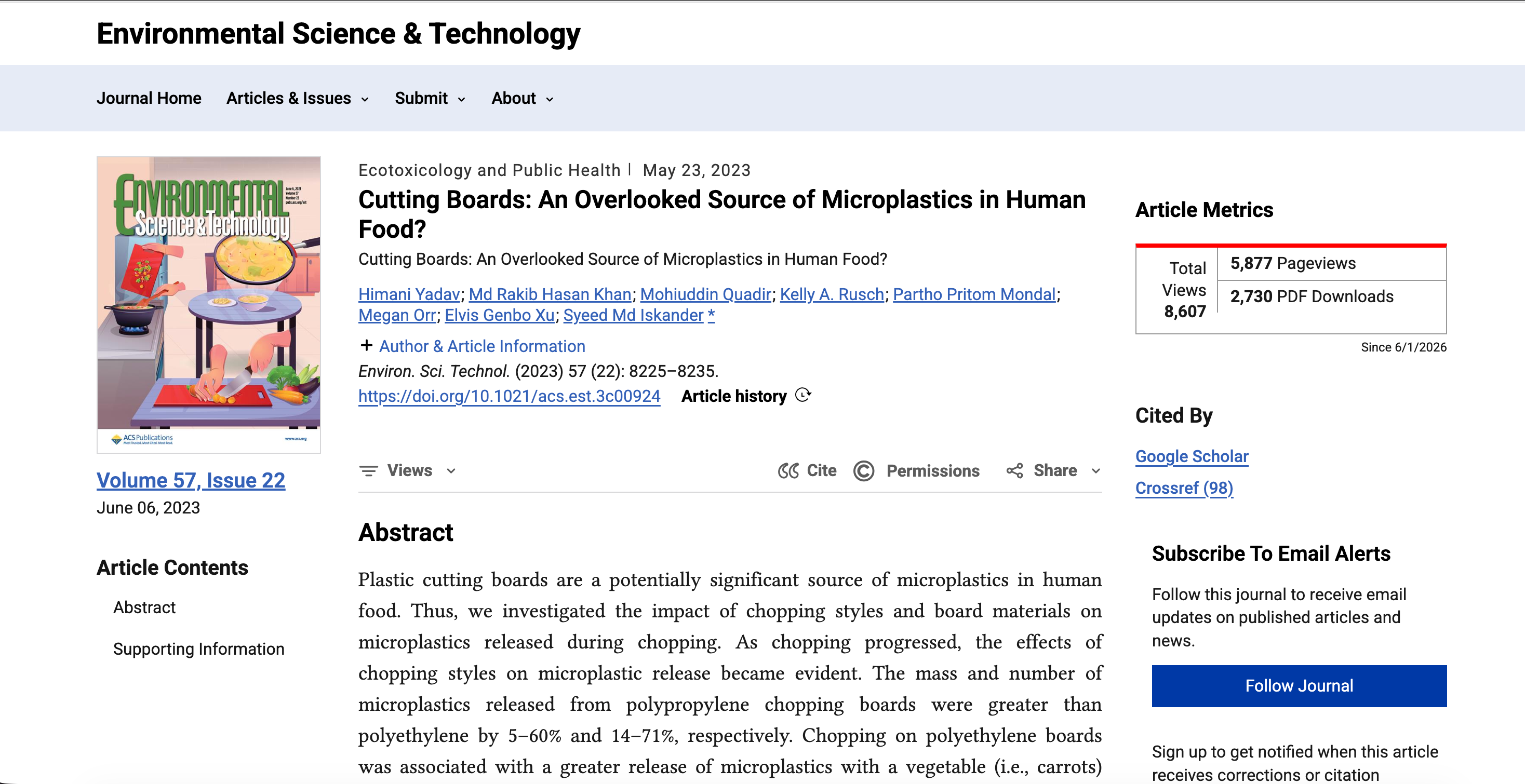 Environmental Science and Technology study page for cutting board microplastics