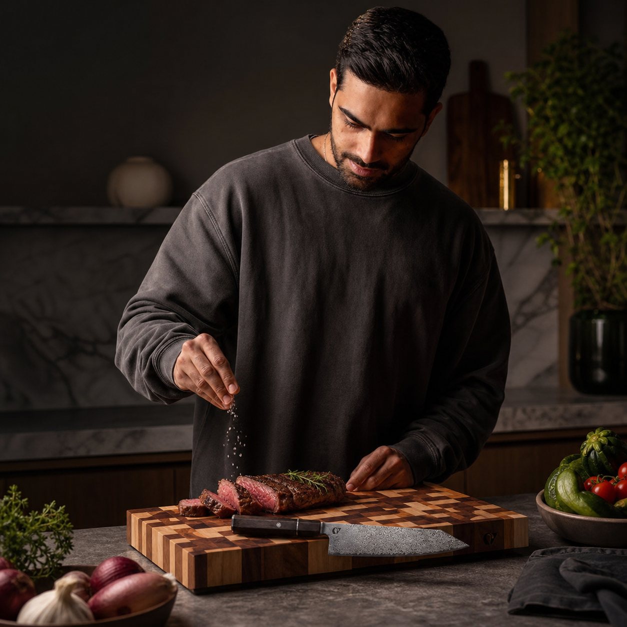 Cooking with the Notorious end grain board and Damascus chef's knife
