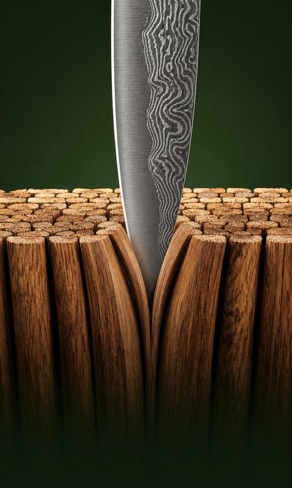 The blade entering between upright end grain fibers