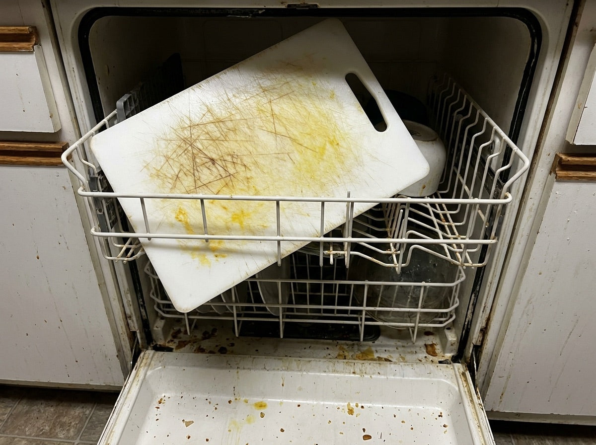 A scarred plastic board in the dishwasher