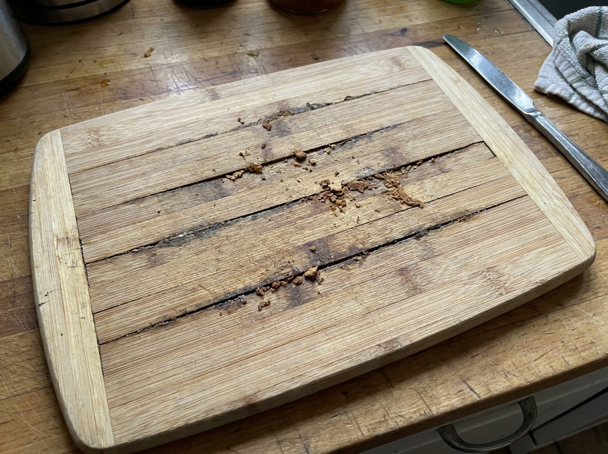 A bamboo board splitting along glued seams